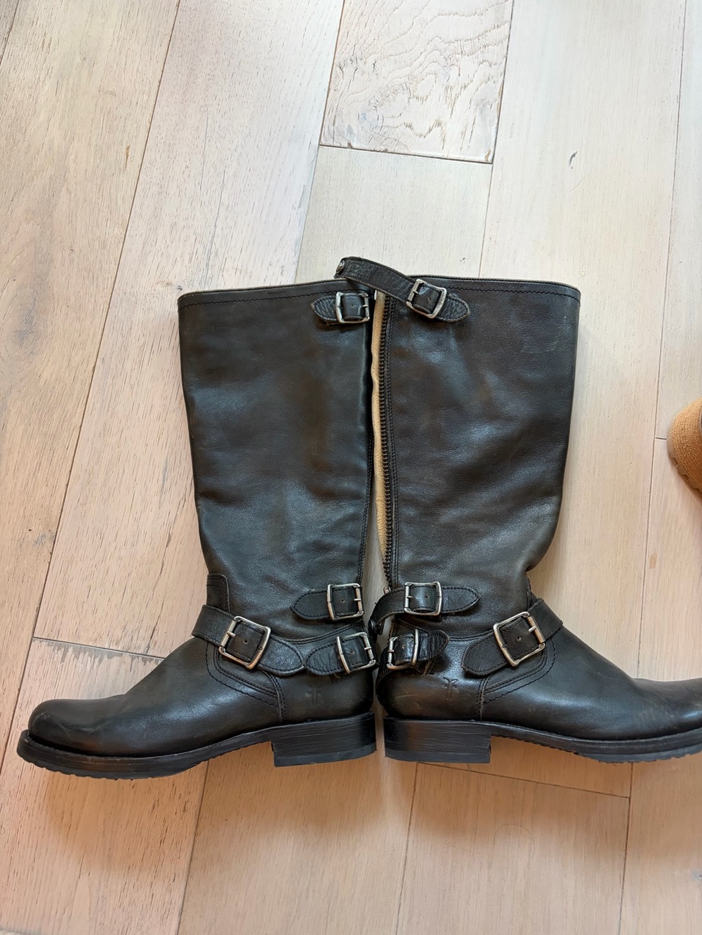 Frye Black Leather Mid-Calf Buckle Boots